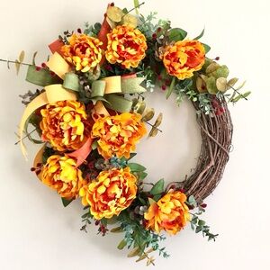 HAND CRAFTED Fall Door Wreath Wall Decor with Vibrant Flowers Leaves & Berries